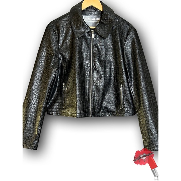 Bagatelle NYC Moto Jacket‎ Womens Medium Black Faux Leather Croc Design Cropped - Picture 1 of 16